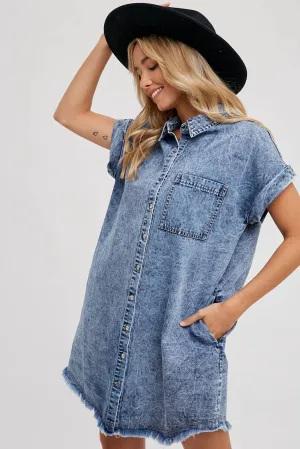 BLUIVY FRAYED HEM DENIM SHIRT DRESS