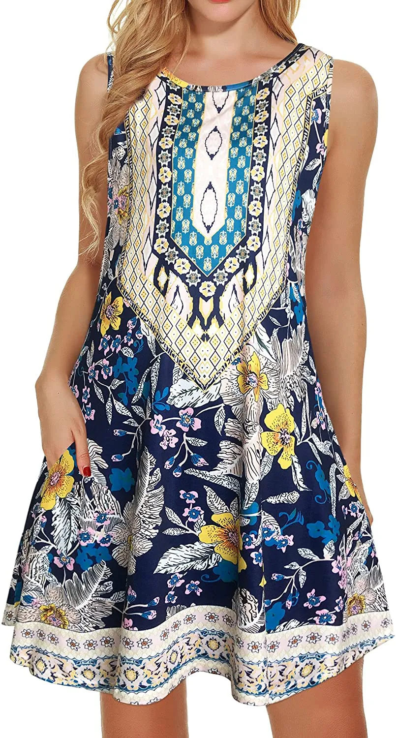 Boho Dresses for Women Summer Beach Sleeveless Vintage Floral Flowy Pocket Tshirt Tank Sundresses