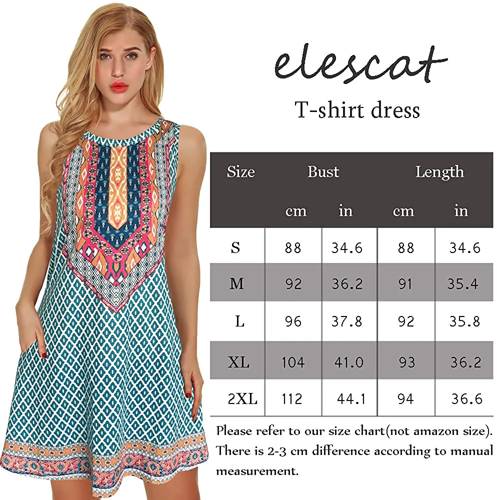 Boho Dresses for Women Summer Beach Sleeveless Vintage Floral Flowy Pocket Tshirt Tank Sundresses