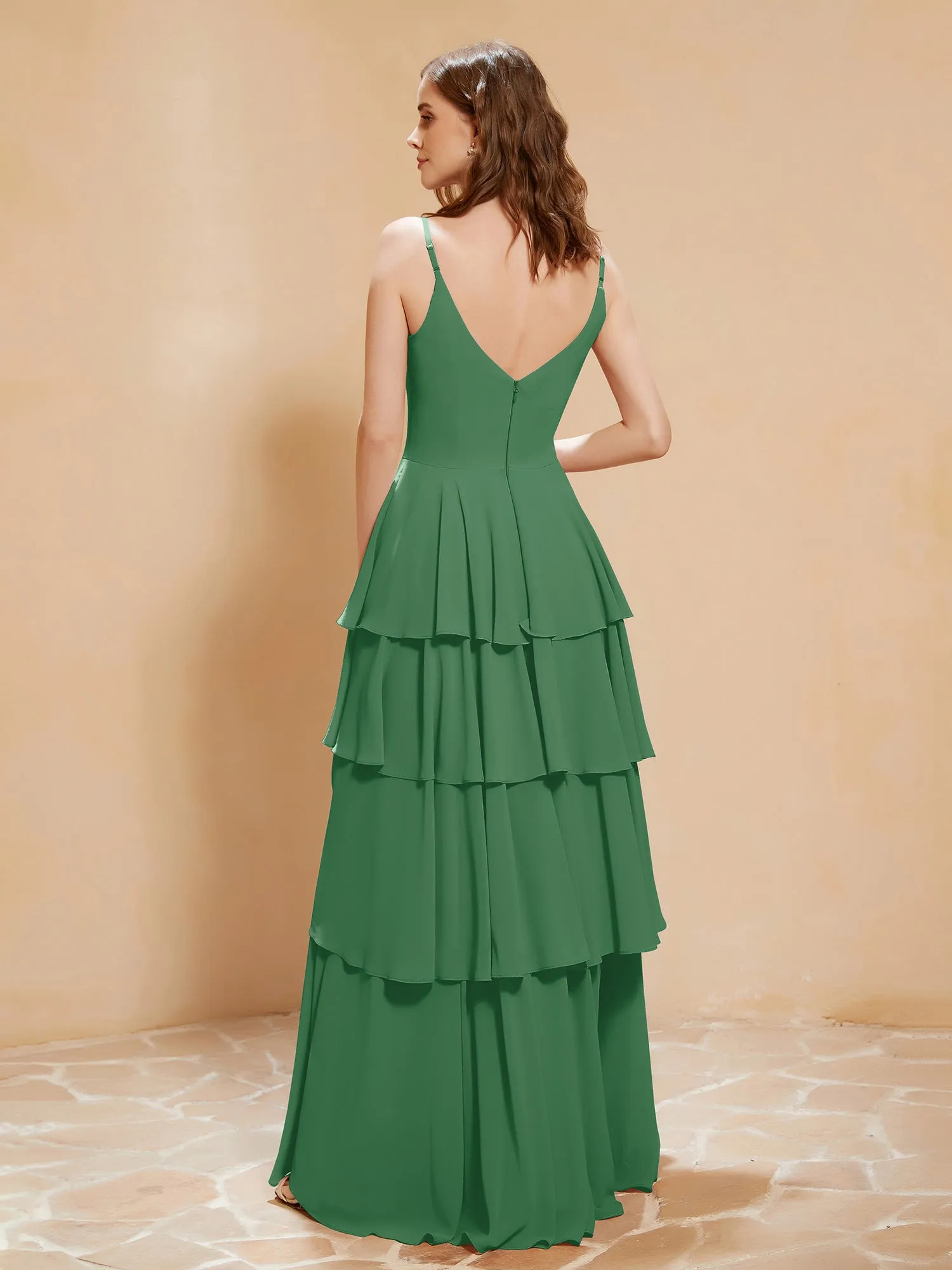 Boho V-neck Floor-length Dress Flowy Ruffles Emerald