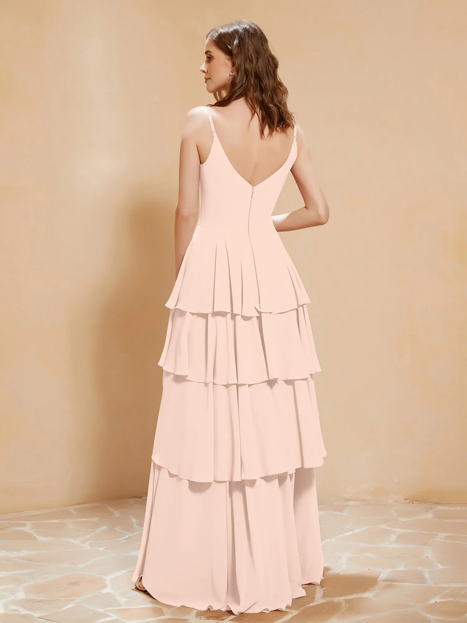 Boho V-neck Floor-length Dress Flowy Ruffles Pearl Pink