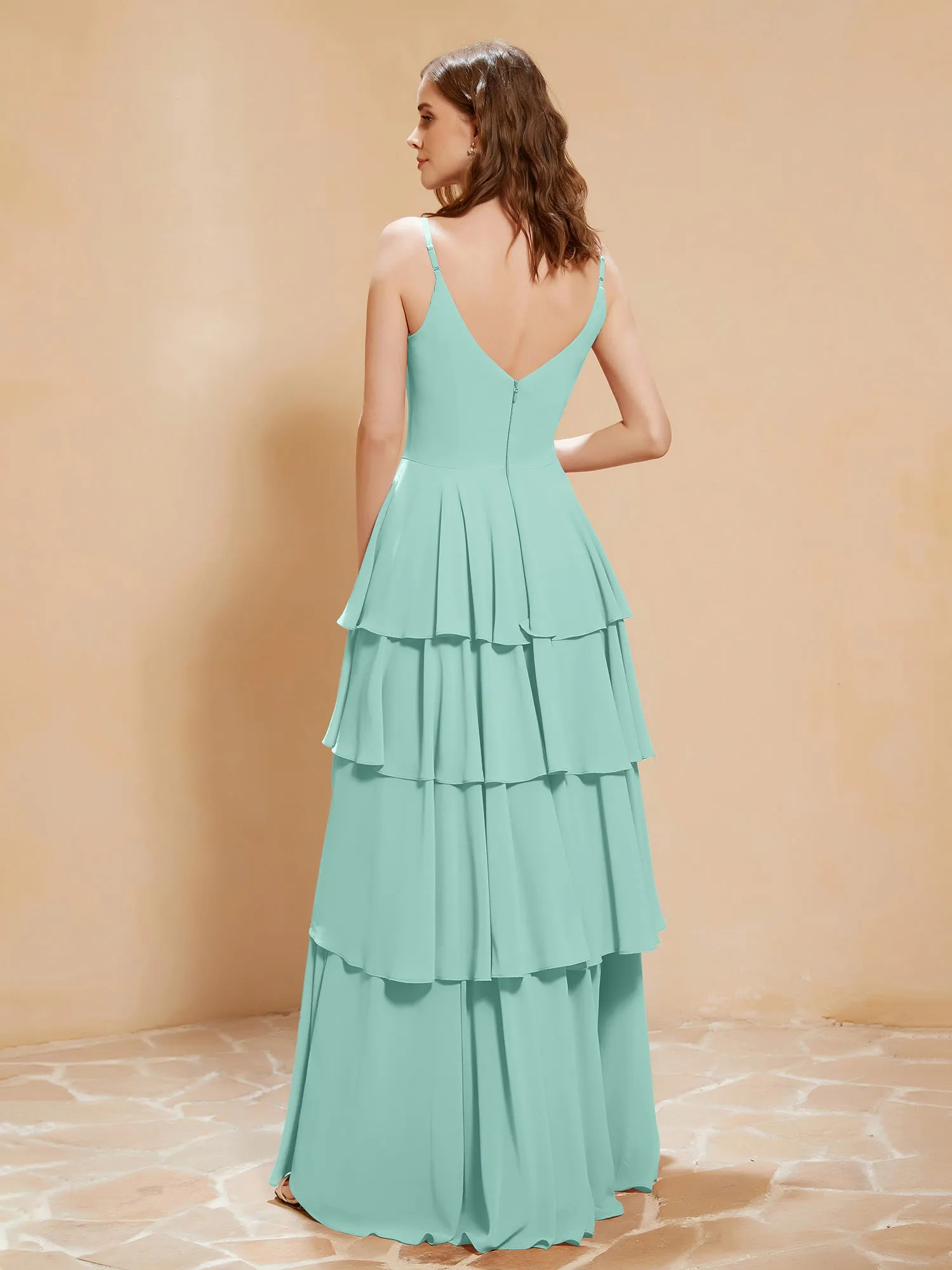 Boho V-neck Floor-length Dress Flowy Ruffles Turquoise