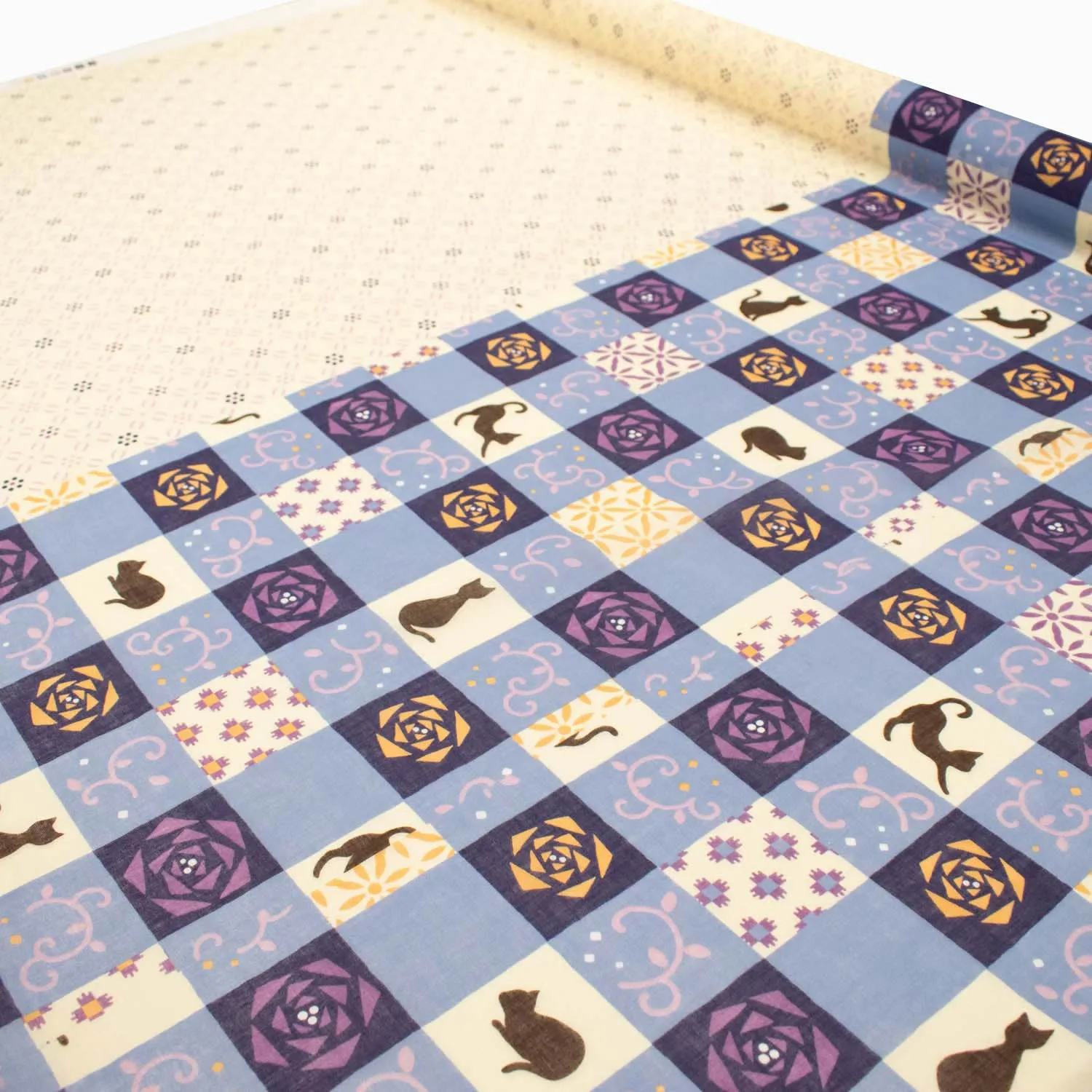 Border Printed Cotton Voile Design-28 Purple Florals on Cream/Cats & Flowers on Blue Checks