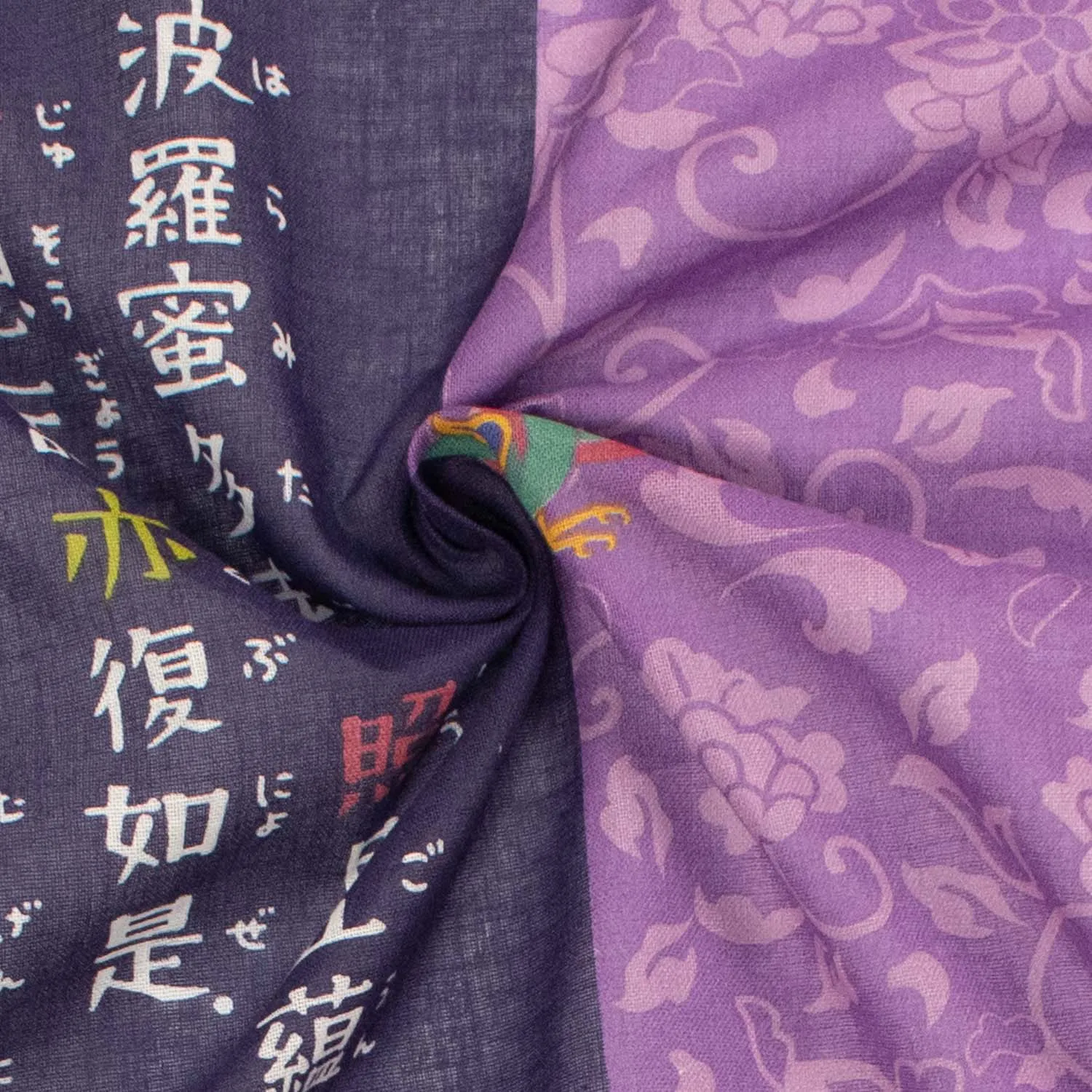 Border Printed Cotton Voile Design-5 Japanese on Dark Purple/ Phoenix & Flower Vines on Purple