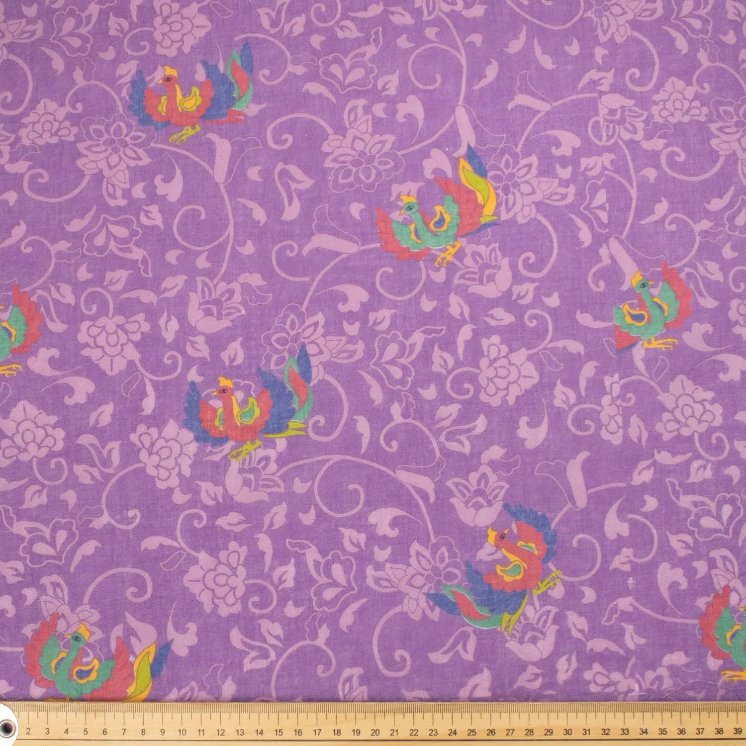 Border Printed Cotton Voile Design-5 Japanese on Dark Purple/ Phoenix & Flower Vines on Purple