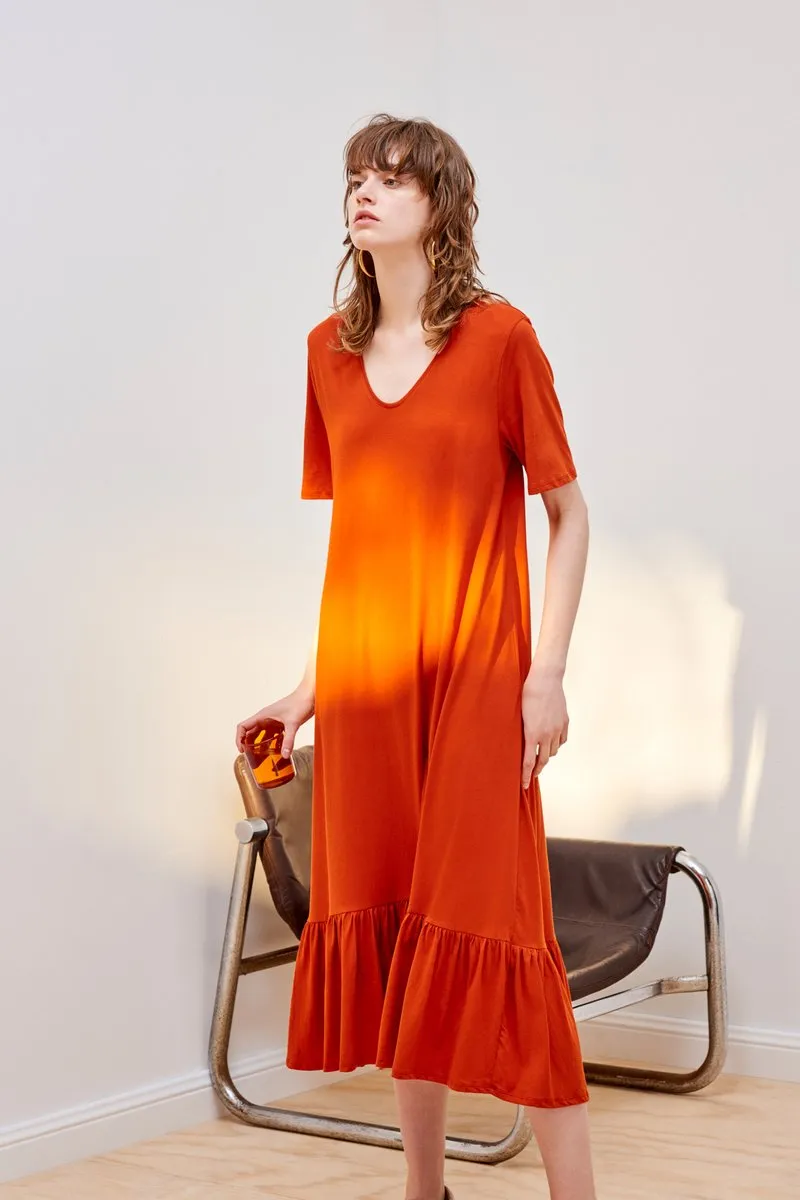 Building Block Gather Hem Dress - Burnt Orange