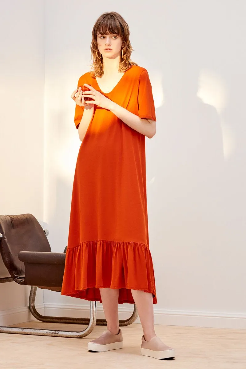 Building Block Gather Hem Dress - Burnt Orange