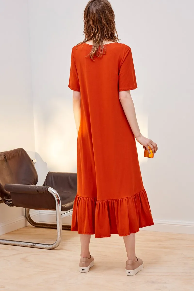 Building Block Gather Hem Dress - Burnt Orange