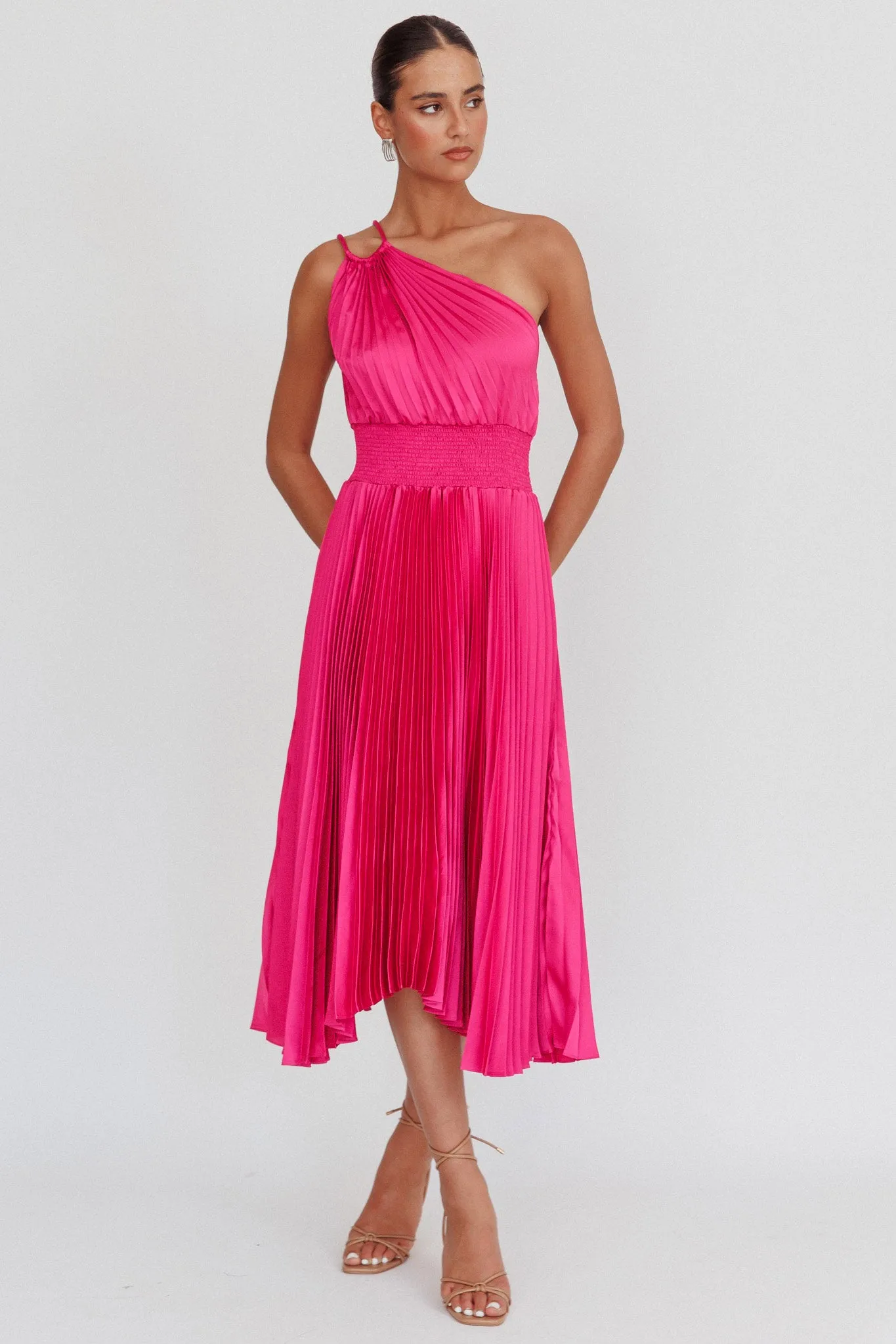 Calissa One Shoulder Pleated Midi Dress Magenta