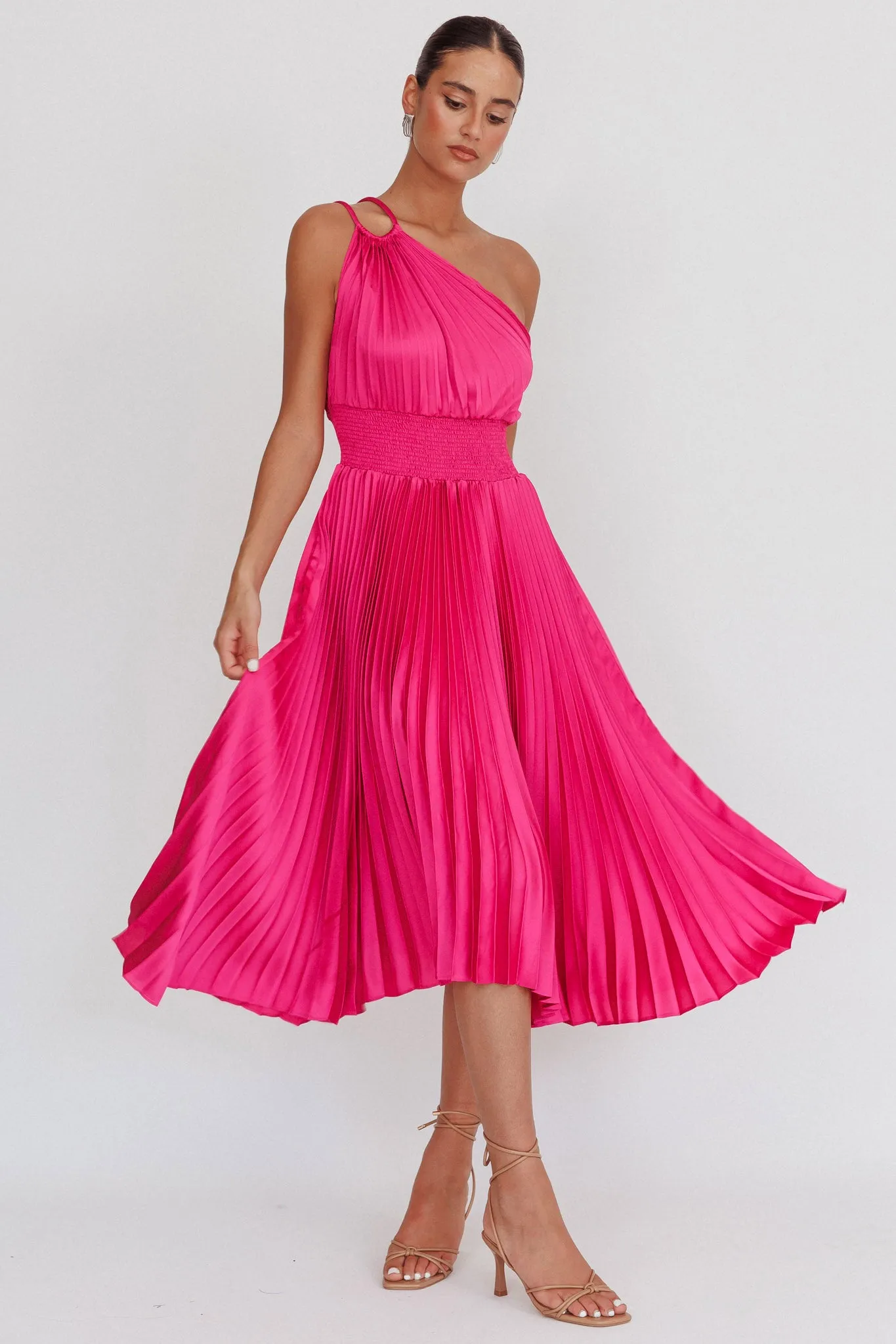 Calissa One Shoulder Pleated Midi Dress Magenta