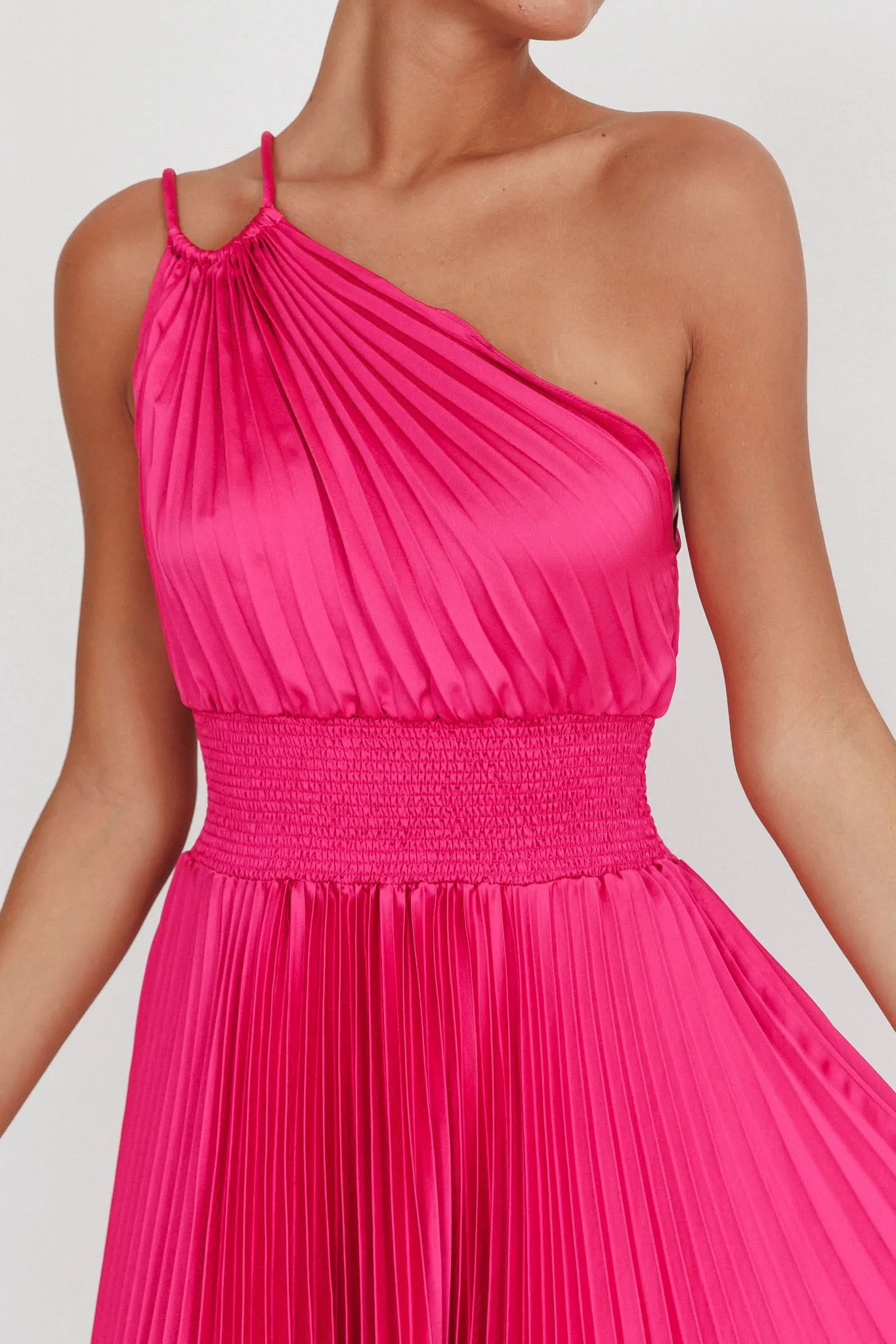 Calissa One Shoulder Pleated Midi Dress Magenta