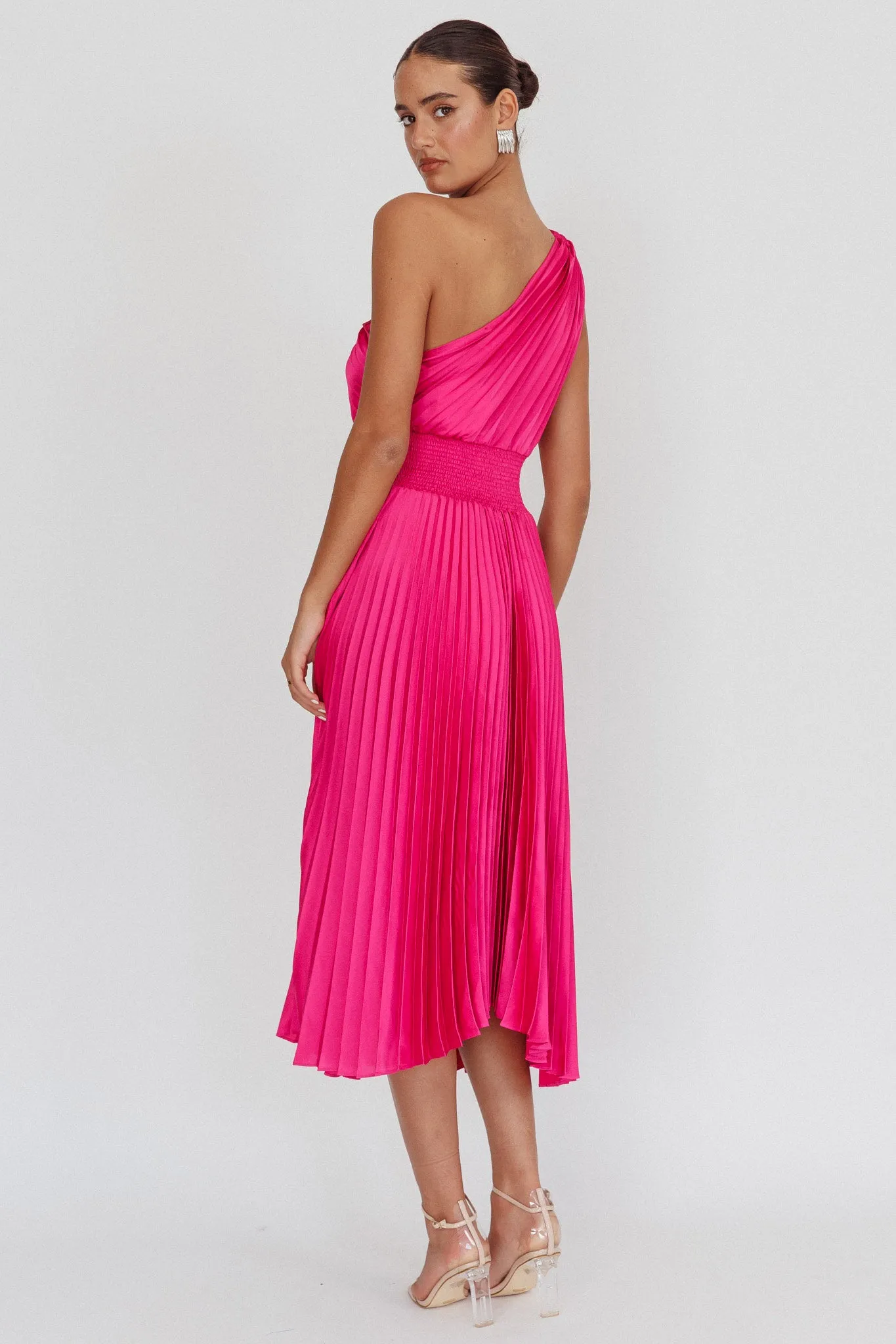 Calissa One Shoulder Pleated Midi Dress Magenta