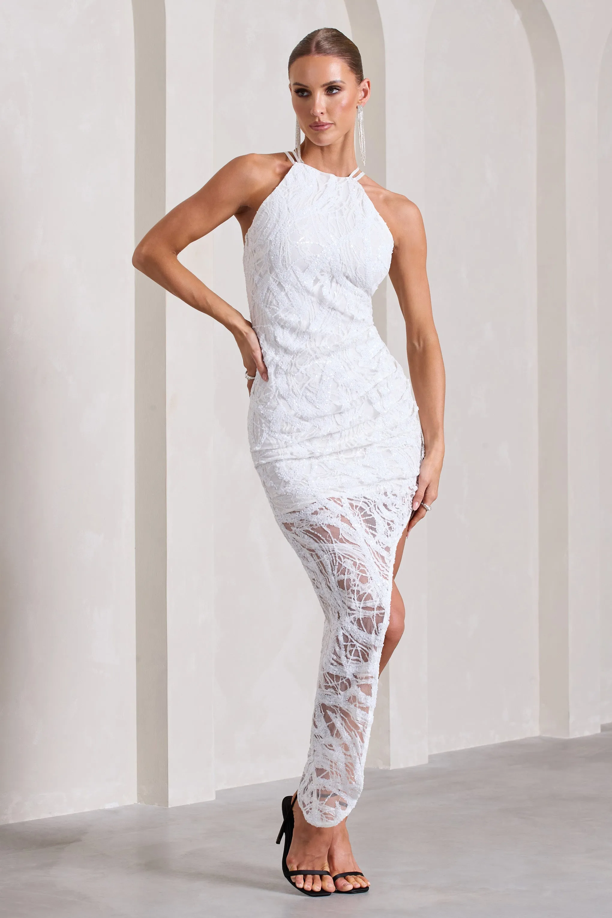 Caught My Eye | White Sequin Asymmetric Strappy Maxi Dress