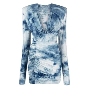 Chic Tie Dye Print Deep V Shoulder Pad Long Sleeve Ruched Bodycon Mini Dress