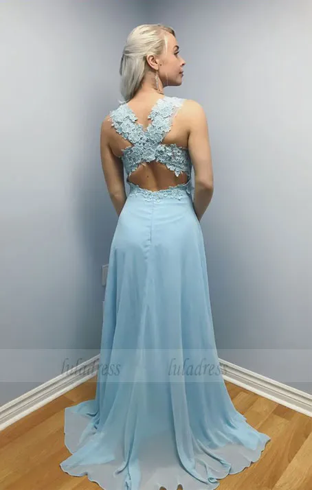 chiffon long prom dress, party dress elegant blue chiffon long prom dress evening dress