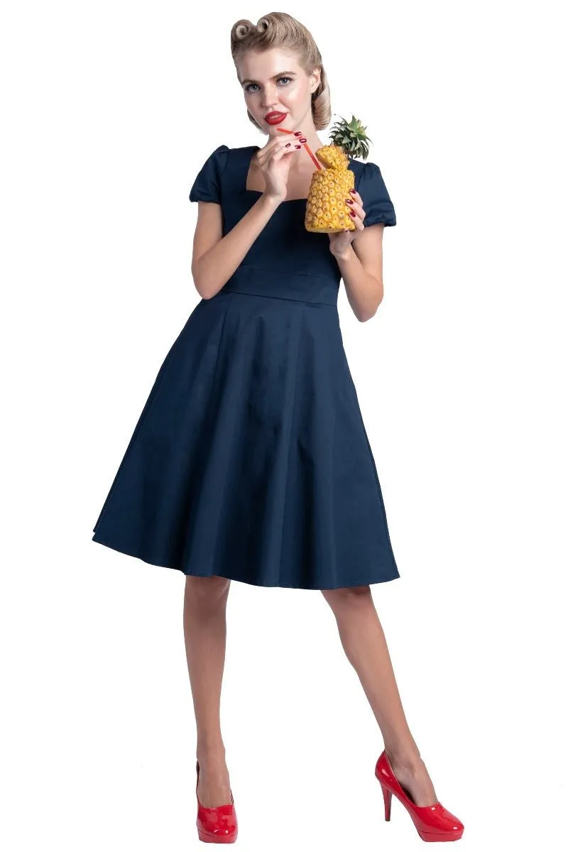 Claudia Flirty Fifties Style Dress in Plain Navy