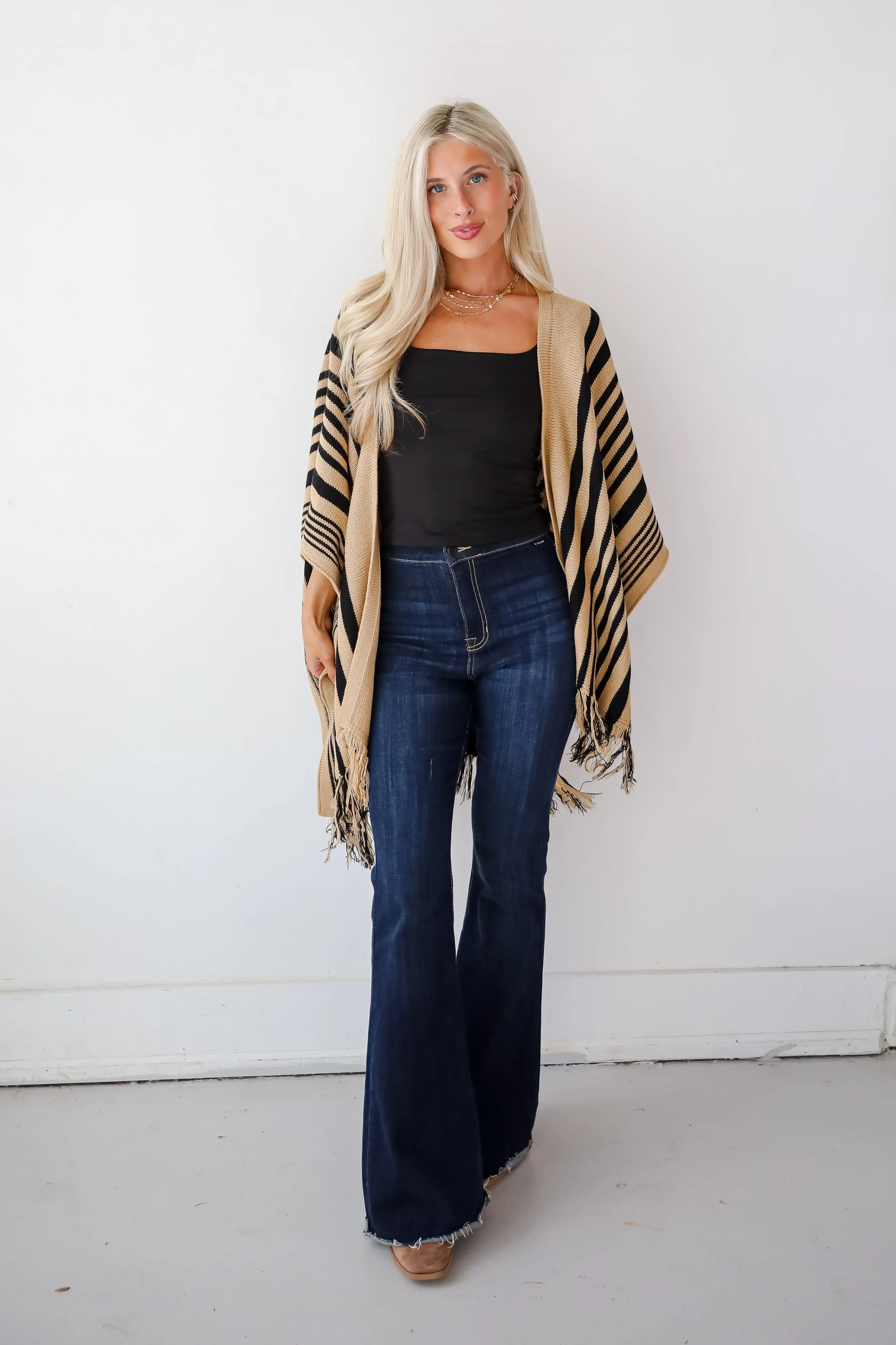 Comfy Concept Beige Striped Fringe Kimono - DOORBUSTER