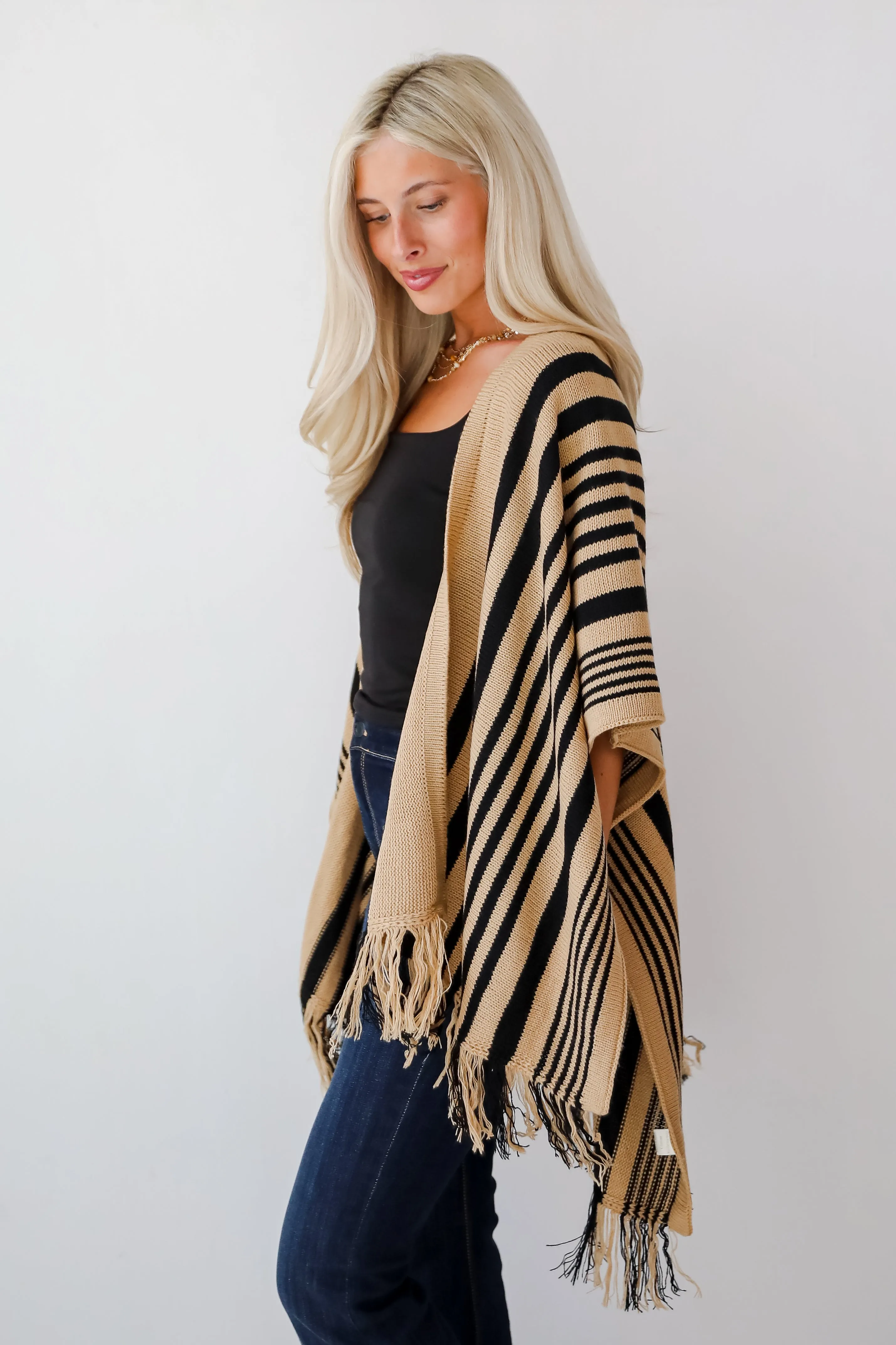 Comfy Concept Beige Striped Fringe Kimono - DOORBUSTER