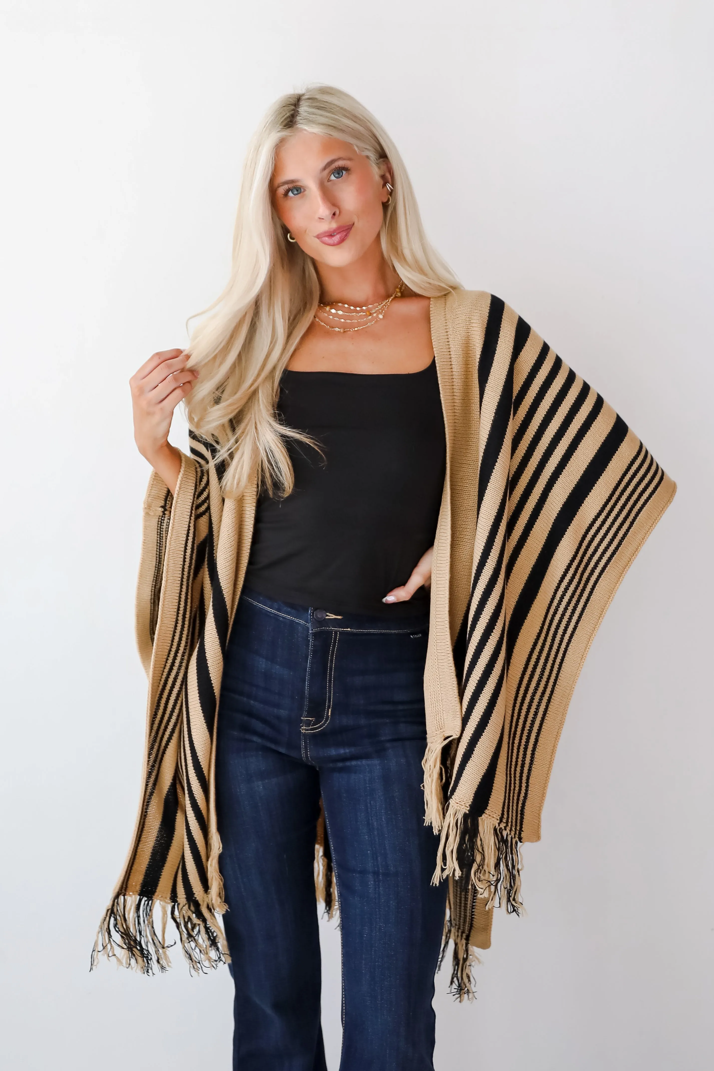 Comfy Concept Beige Striped Fringe Kimono - DOORBUSTER