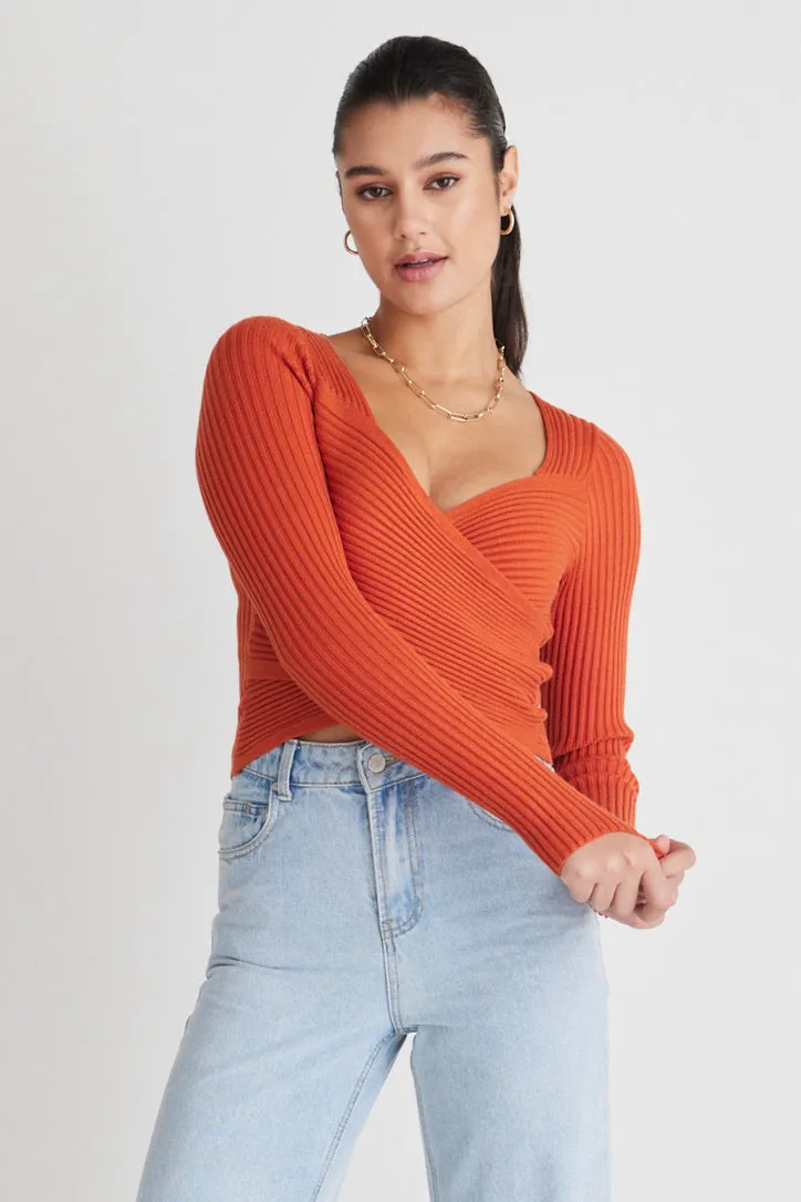 Criss-Cross Orange Wrap Rib Knit Top