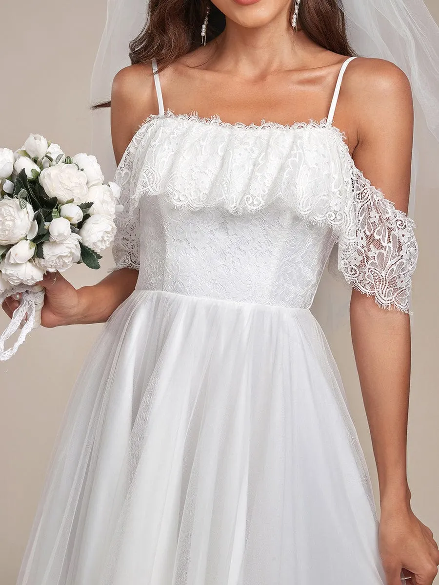 Custom Size Spaghetti Strap Lace High-Low Wedding Dress