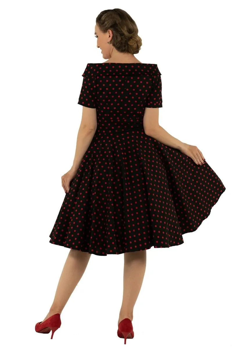 Darlene Retro Polka Dot Swing Dress in Black-Red