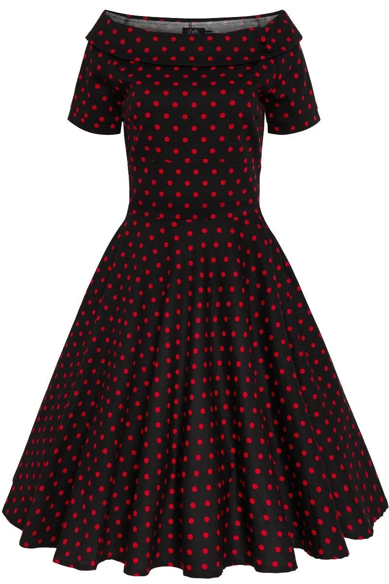 Darlene Retro Polka Dot Swing Dress in Black-Red