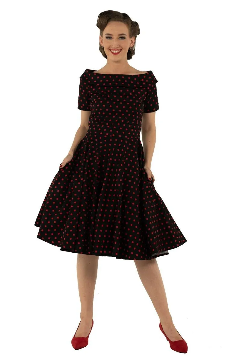 Darlene Retro Polka Dot Swing Dress in Black-Red