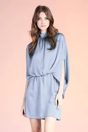 Denim Blue Hammered Satin Mock Neck Caftan Mini Dress