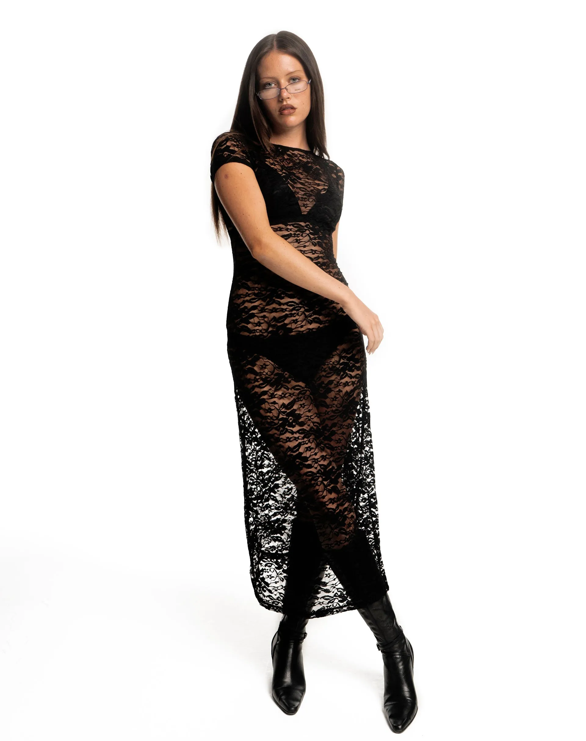 Detrie Low Back Lace Midi Dress in Jet Black Lace