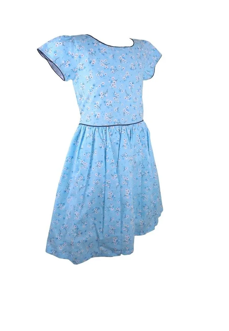 Dress Cabbage Short Sleeves Round Neck Floral Printed With Piping Shirring And Lining - Blue