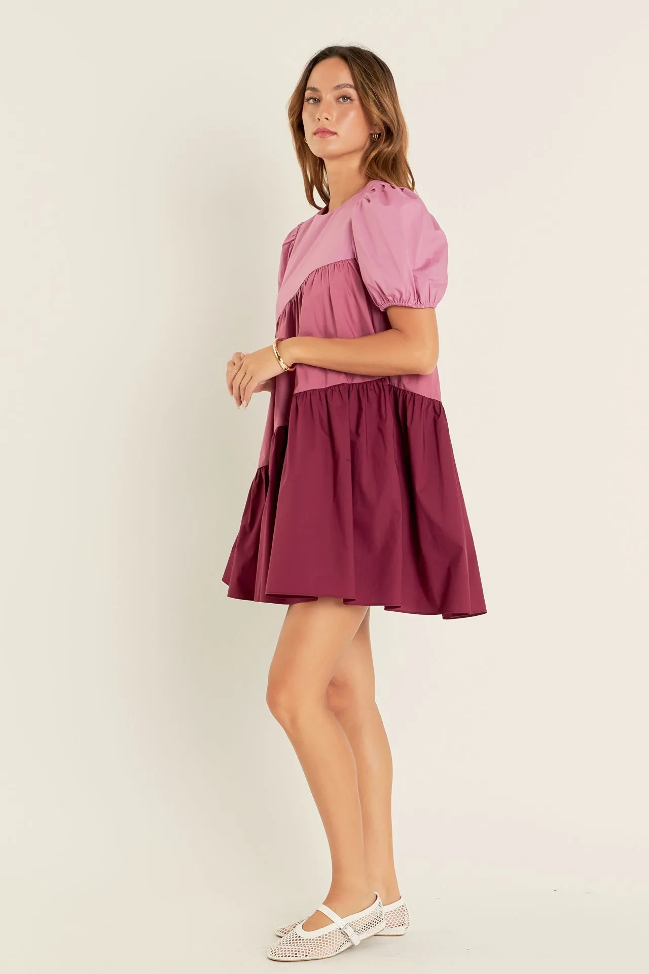 English Factory - Asymmetrical Colorblock Puff Sleeve Dress