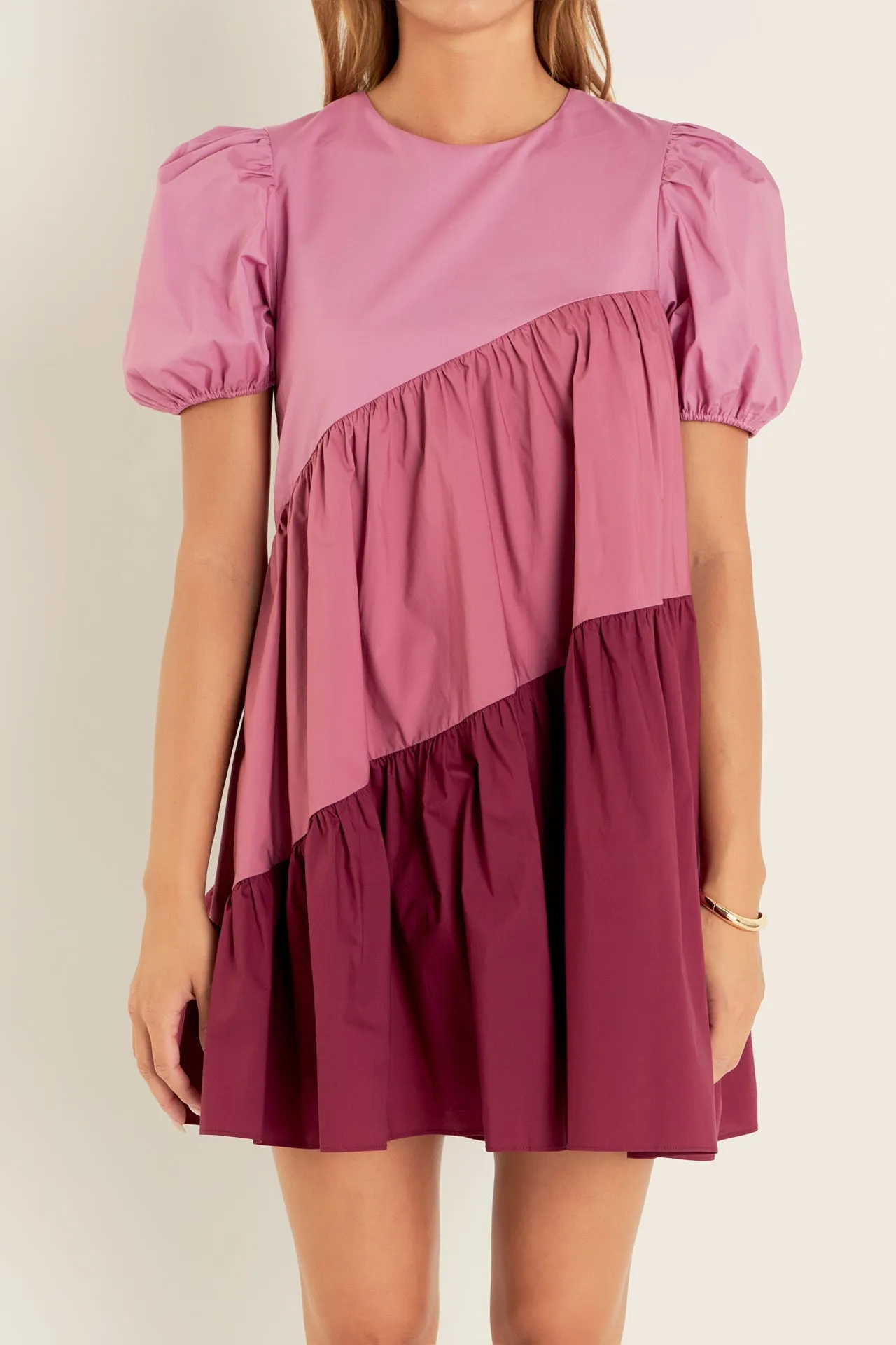 English Factory - Asymmetrical Colorblock Puff Sleeve Dress