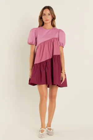 English Factory - Asymmetrical Colorblock Puff Sleeve Dress