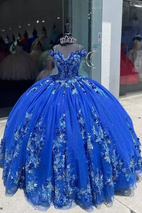 Exquisite Spaghetti Straps Royal Blue Ball Gown with Appliques