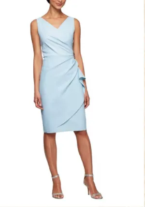 Faux Wrap Style Scuba Cocktail Dress With Rouched Side Detail And Embellishment | Light Blue