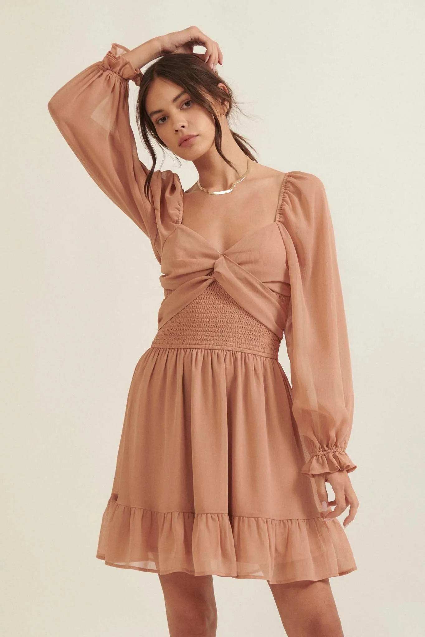 Fine Romance Smocked Chiffon Mini Peasant Dress