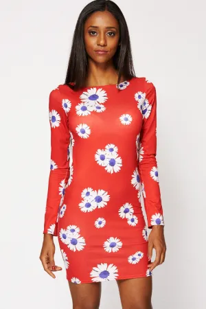 Fitted Red Dress with Sunflower Print Ex Branded