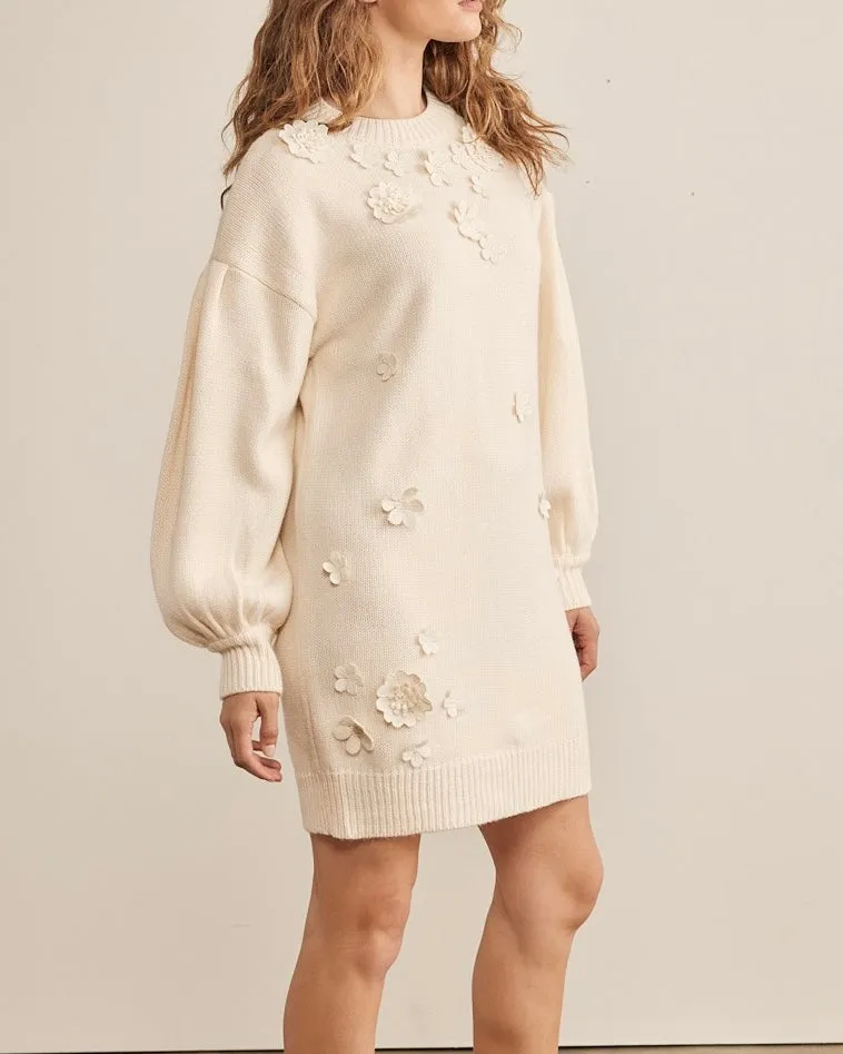 Floral Applique Relaxed Fit Sweater Mini Dress in Cream