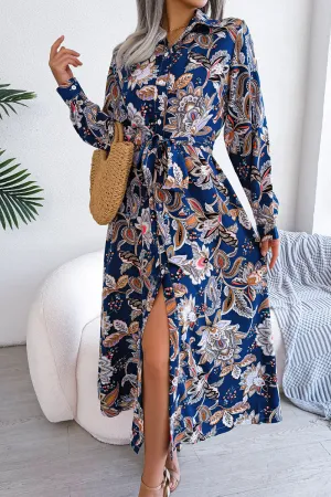 Floral Frenulum Buckle Turndown Collar One Step Skirt Dresses