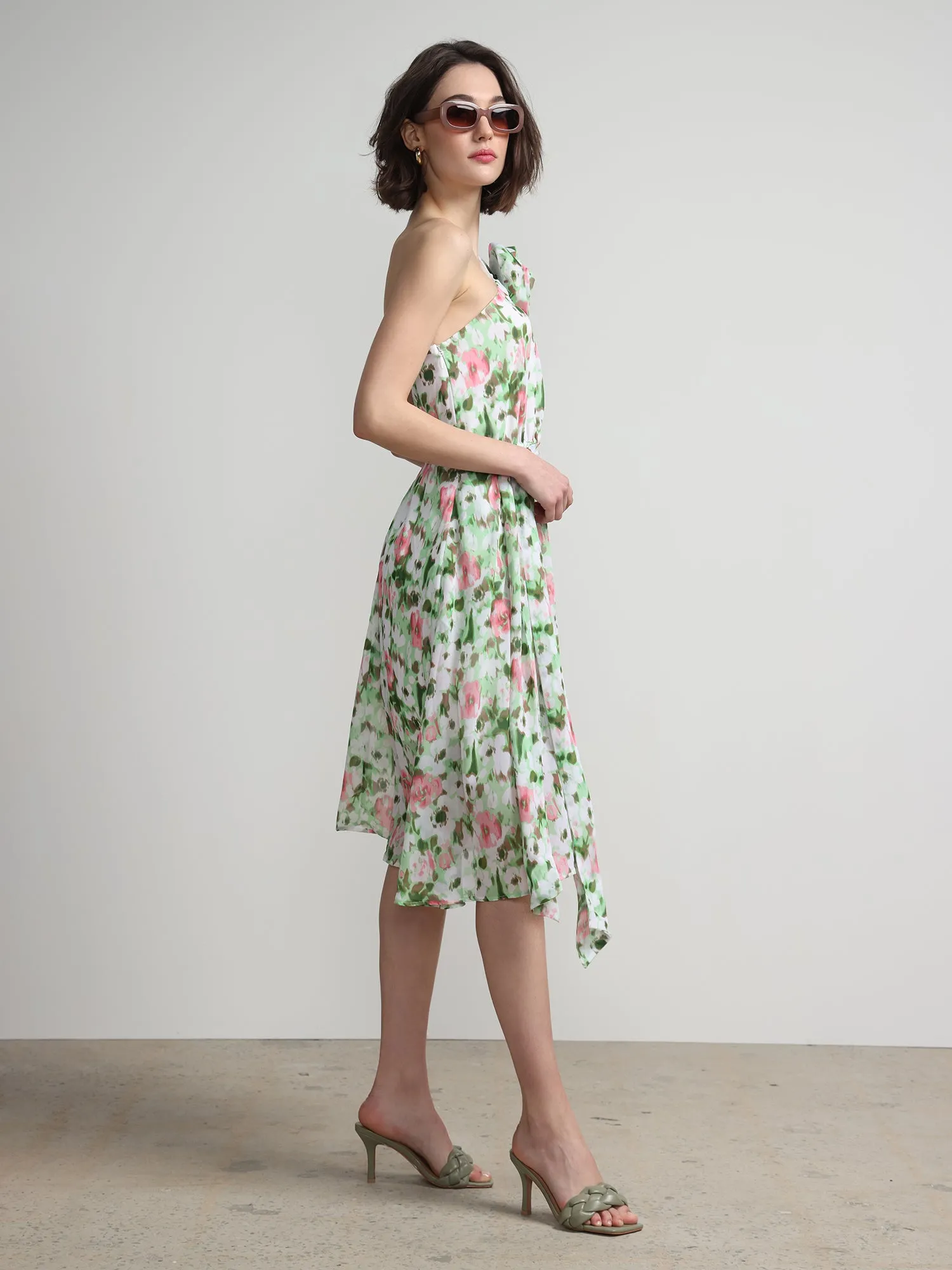 Floral-Print One-Shoulder Midi Dress