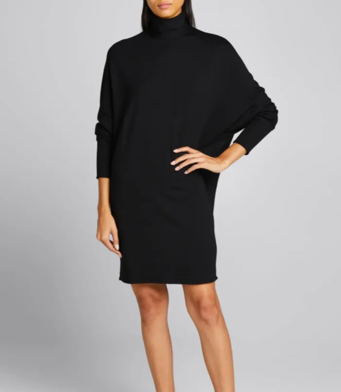 French Terry Turtleneck Dress w/ Wide Sleeve - Navy