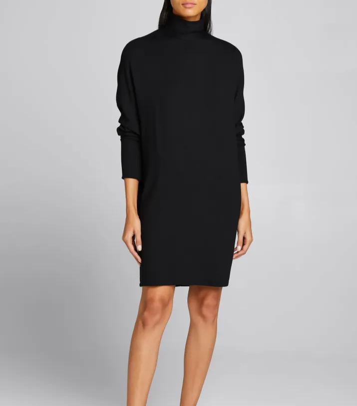 French Terry Turtleneck Dress w/ Wide Sleeve - Navy