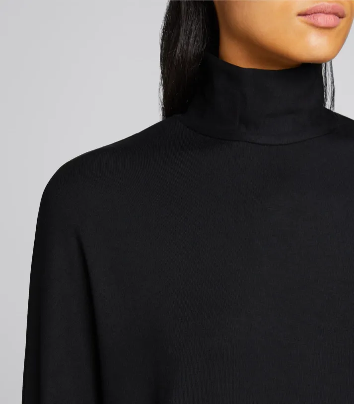 French Terry Turtleneck Dress w/ Wide Sleeve - Navy