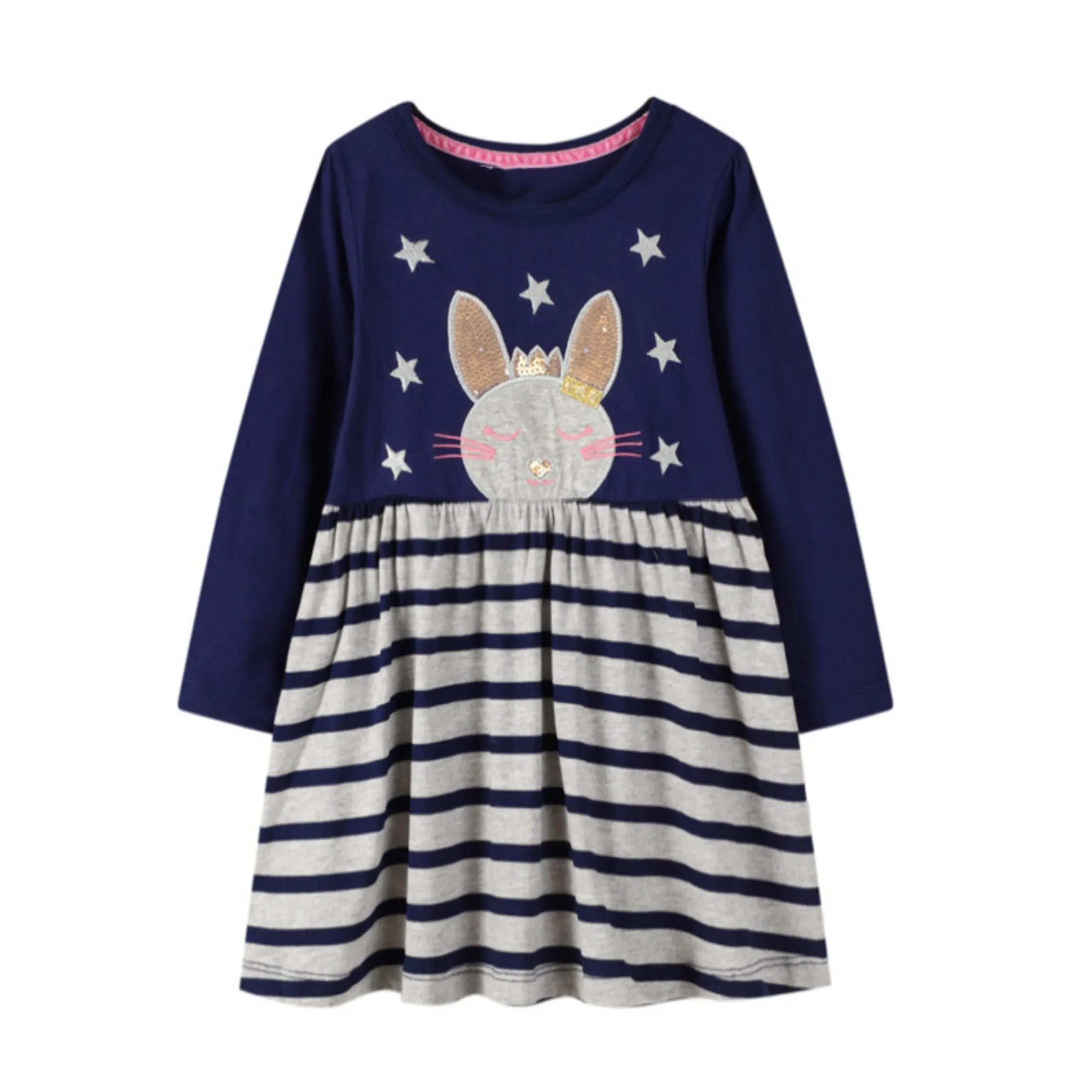 Full Sleeve Glitter Bunny Design  Girls Dress, Blue