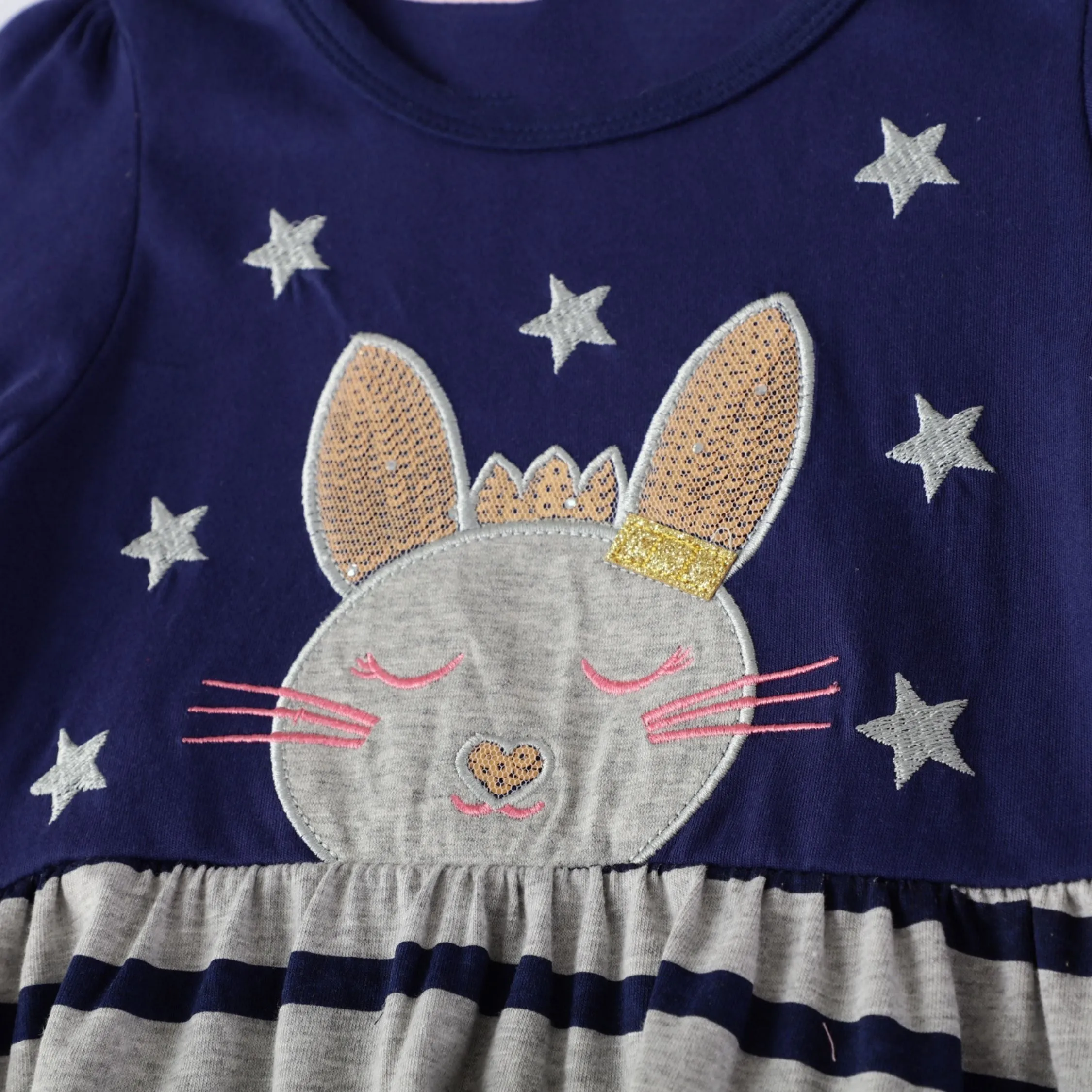 Full Sleeve Glitter Bunny Design  Girls Dress, Blue