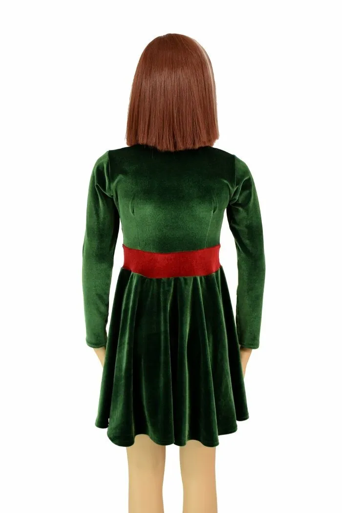 Girls Green & Red Velvet Skater Dress