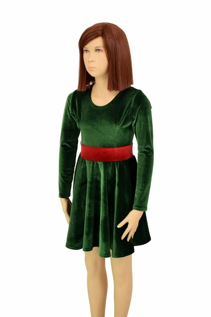 Girls Green & Red Velvet Skater Dress