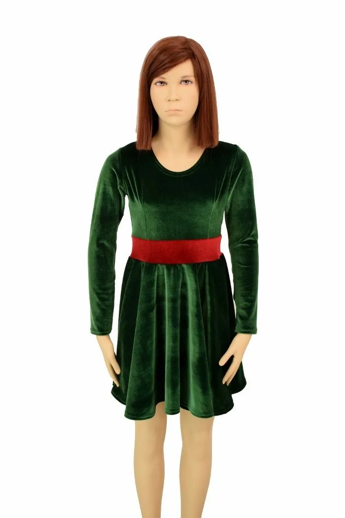 Girls Green & Red Velvet Skater Dress