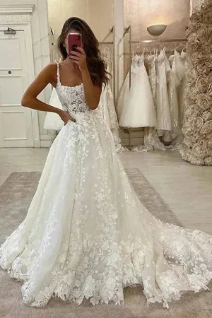 Gorgeous Ball Gown Scoop Neck Open Back Lace Wedding Dresses